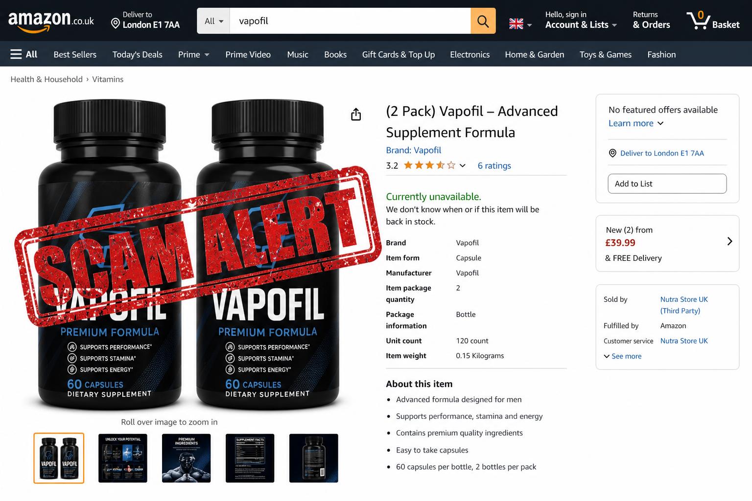 Fake Vapofil listing on Amazon flagged as scam